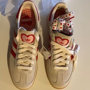 Adidas Handball Spezial Cream & Red Heart Accent Sneakers w/heart laces